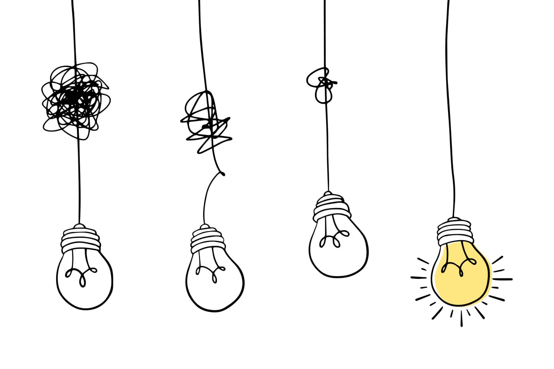 Image of 4 lighbulbs with 3 being tangled and one untangled to signify clarity. the untangled lightbulb is on while the others are off